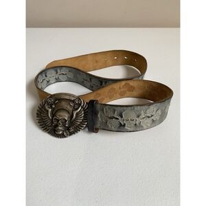 Streets Ahead Leather Belt MADE IN USA Gray Silver Skull Buckle Wings Rose 30-35